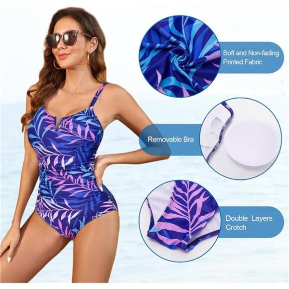 Women's Tummy Control One Piece Swimsuit V Wire Adjustable Strap Bathing Suit - Picture 3 of 6